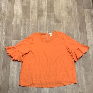 Womens Cynthia Rowley Linen Blend Flutter‎ Sleeves Orange Keyhole Top Shirt
